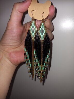 ✨ Extra Long Geometric Black, Gold & Mint Beaded Fringe Earrings ✨